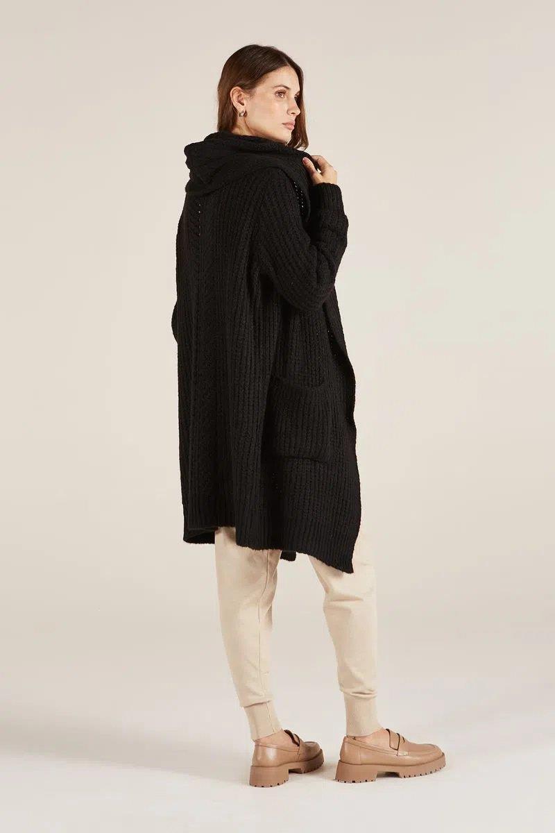 Crystal Black Hooded Tricot Coat - Yogini