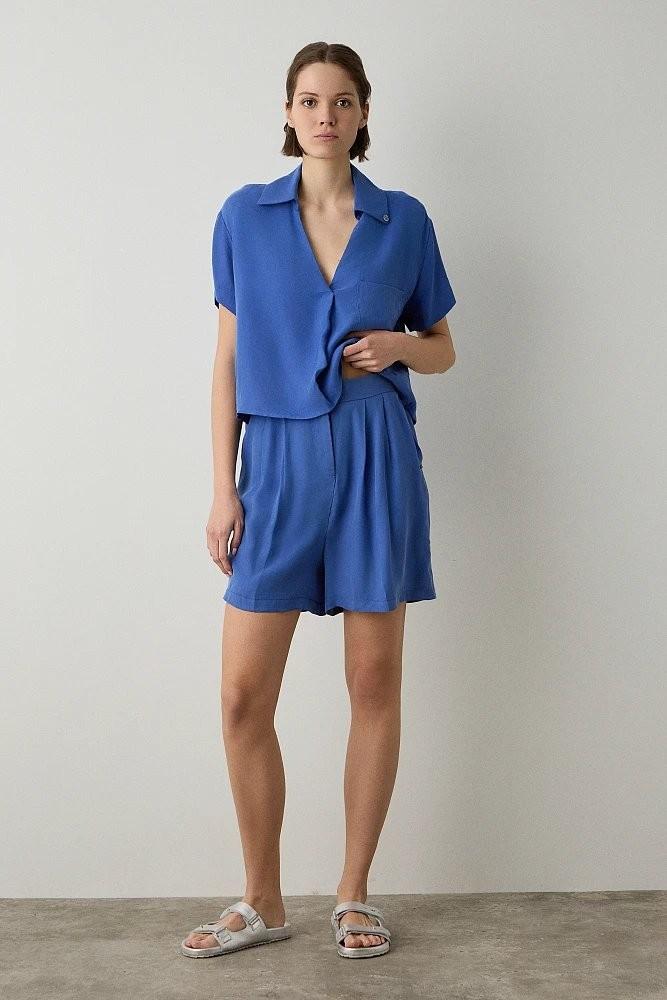 High-Rise Pleated Blue Shorts - BSB