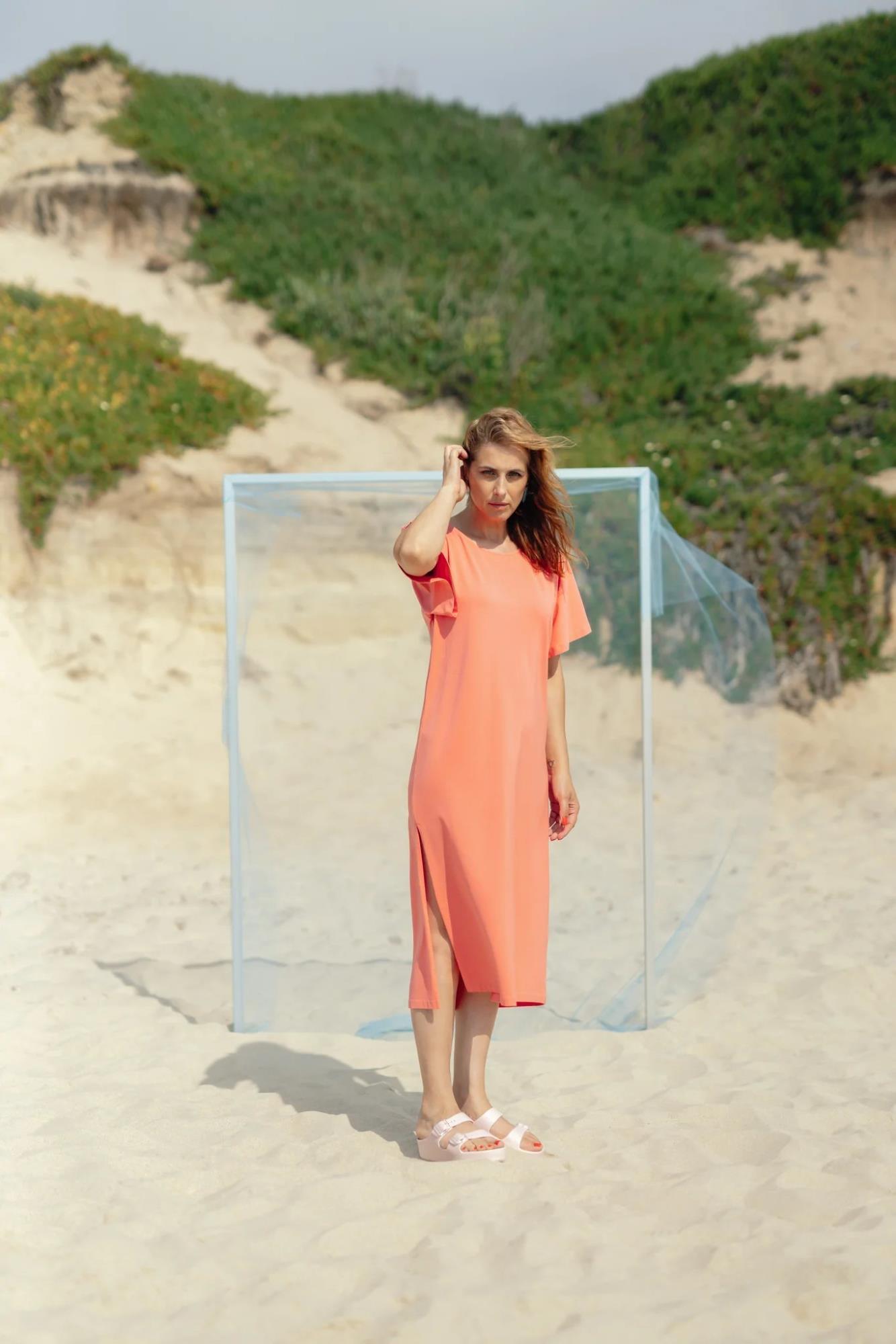 Long Dress w/ Flowing Sleeves and Side Slit - b.simple