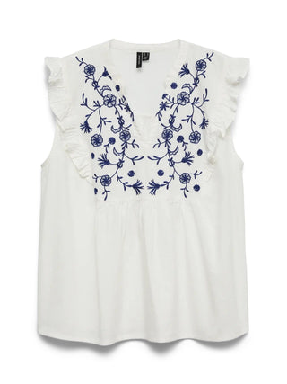 Hannah Chambray-Top mit V-Ausschnitt, Stickerei und Rüschen