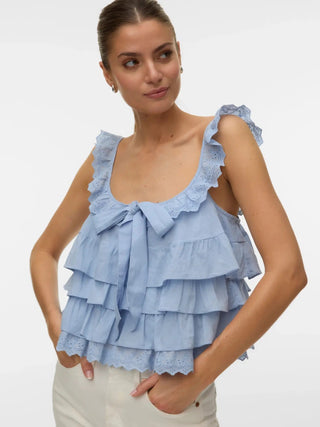 Gestuftes Rüschenoberteil mit Broderie-Anglaise-Besatz