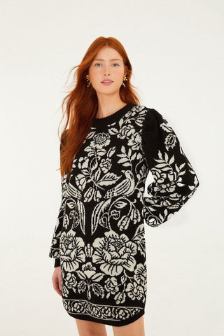 Black and White Cashew and Birds Knit Mini Dress