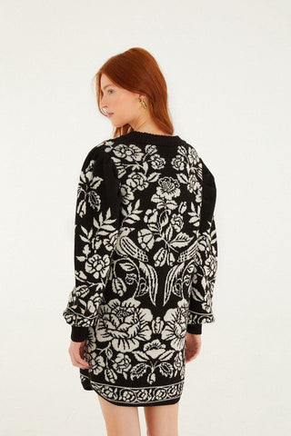 Black and White Cashew and Birds Knit Mini Dress