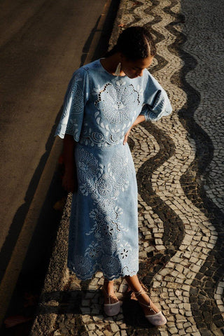 Denim Richelieu Wavy Hem Midi Skirt