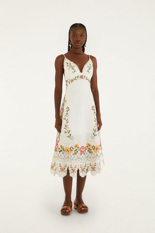 Off-White Flower Embroidery Asymetric Hem Midi Dress