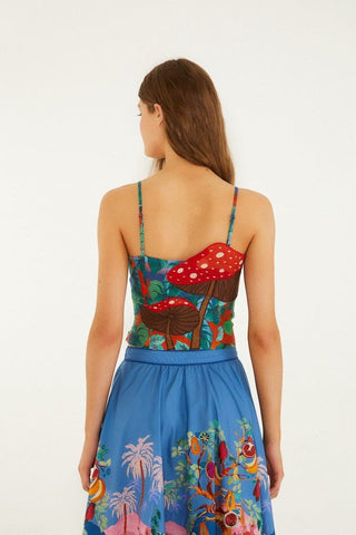 Mushroom Dream Landscape Embroidered Sleeveless Euroflax Premium Linen Top