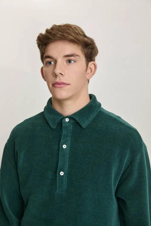 Mesquita Ribbed Dark Green Long-sleeve Polo Shirt