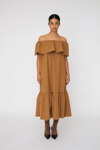 Off shoulder Midi Dress  Camel Brown