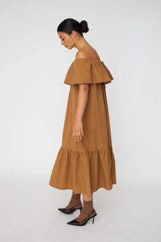 Off shoulder Midi Dress  Camel Brown