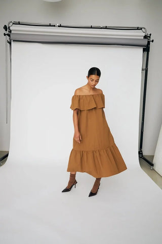 Off shoulder Midi Dress  Camel Brown