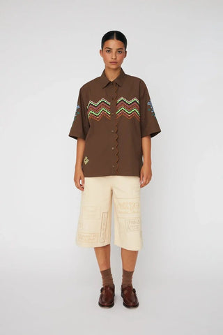 Embroidered Short Sleeved Shirt  Brown