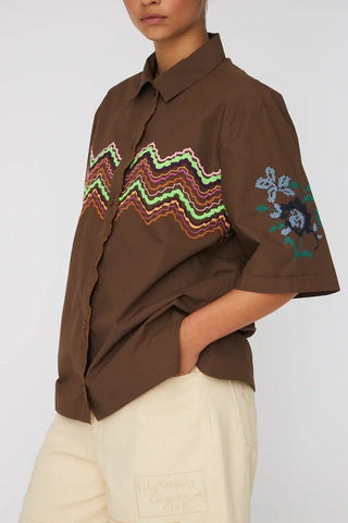 Embroidered Short Sleeved Shirt  Brown