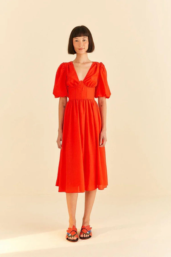 Red Short Sleeves Midi Dress - FARM Rio