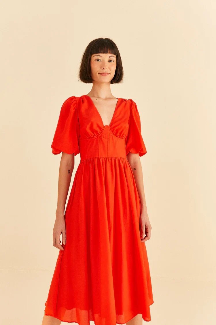 Red Short Sleeves Midi Dress - FARM Rio