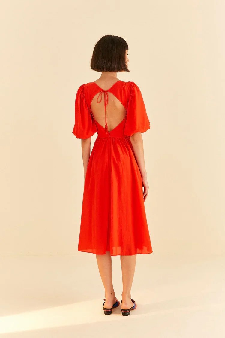 Red Short Sleeves Midi Dress - FARM Rio