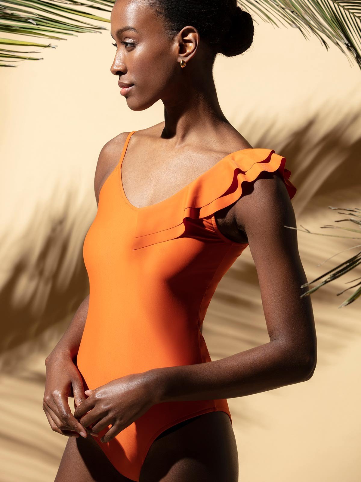 Orange One Shoulder Ruffle One Piece - GreenKiss