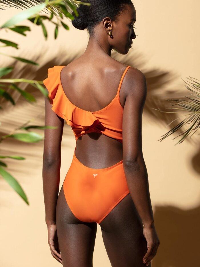 Orange One Shoulder Ruffle One Piece - GreenKiss