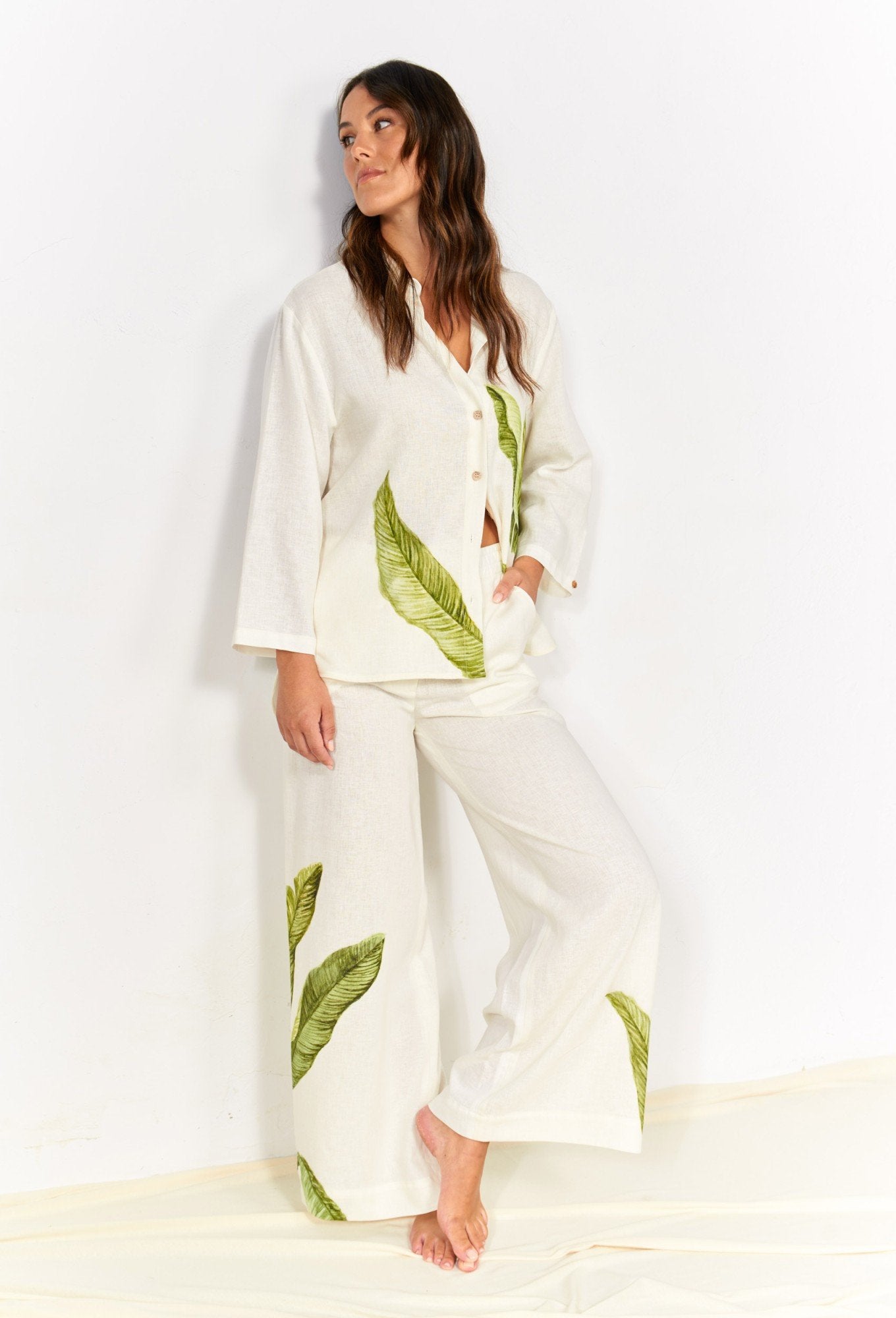 Linen Elastic Waistband Trousers - GreenKiss