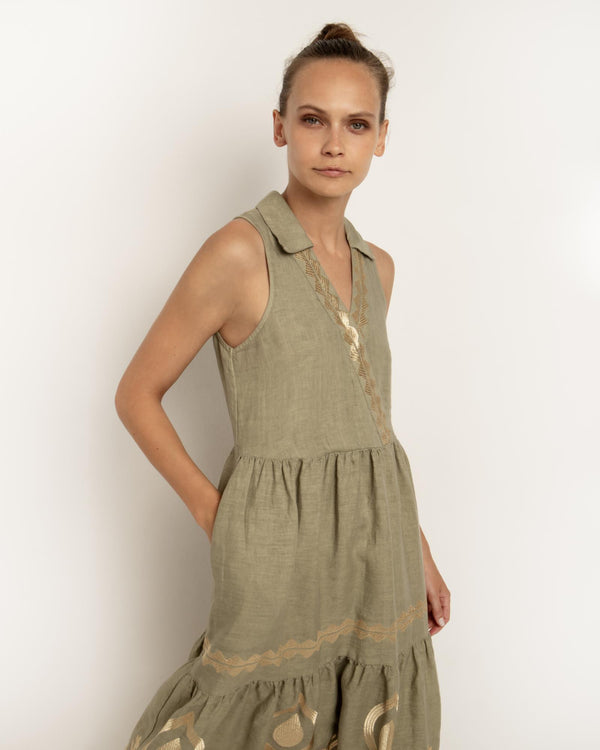 Olive Green Feather Sleeveless Dress - Greek Archaic Kori