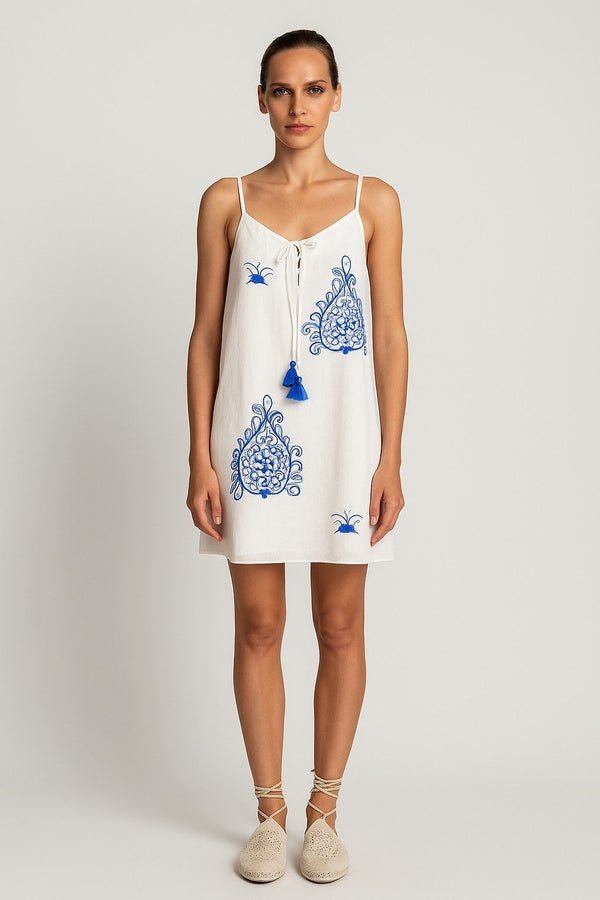 Aegean Sands Embroidered Mini Dress - Greek Archaic Kori