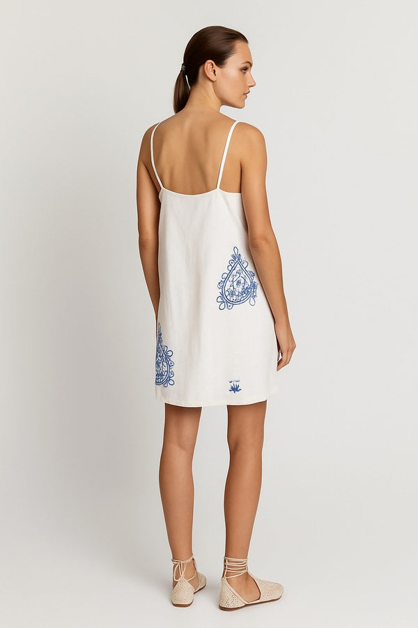Aegean Sands Embroidered Mini Dress - Greek Archaic Kori