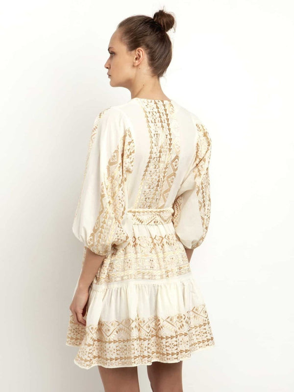 Aegean Sands Embroidered Mini Dress - Greek Archaic Kori