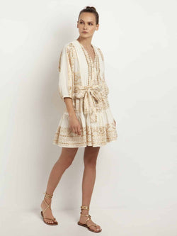 Aegean Sands Embroidered Mini Dress - Greek Archaic Kori