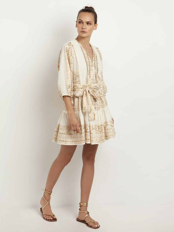 Aegean Sands Embroidered Mini Dress - Greek Archaic Kori