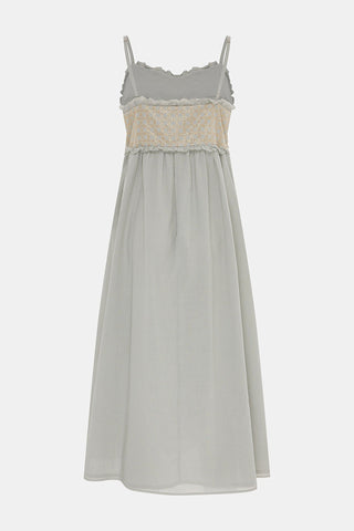 Maxi Linen Dress in Blue with Gold Embroidery and Ruffle Detail