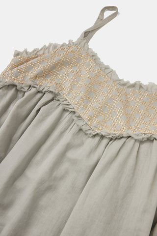 Maxi Linen Dress in Blue with Gold Embroidery and Ruffle Detail