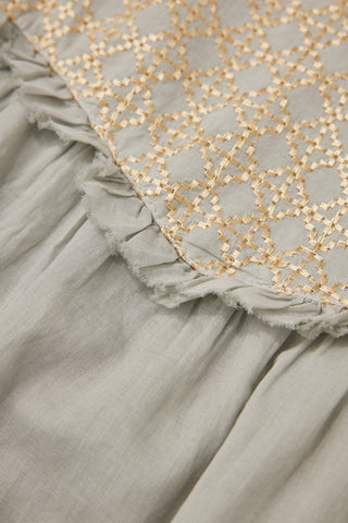 Maxi Linen Dress in Blue with Gold Embroidery and Ruffle Detail