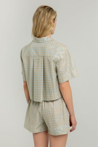 Linen Cropped Shirt with Gold Embroidery
