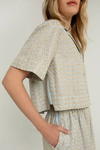 Linen Cropped Shirt with Gold Embroidery