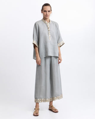 Flakes Linen Blouse with Gold Embroidered
