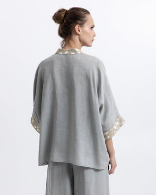 Flakes Linen Blouse with Gold Embroidered