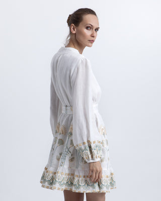 Papyrus Wrap Mini Dress in White Linen with Embroidery