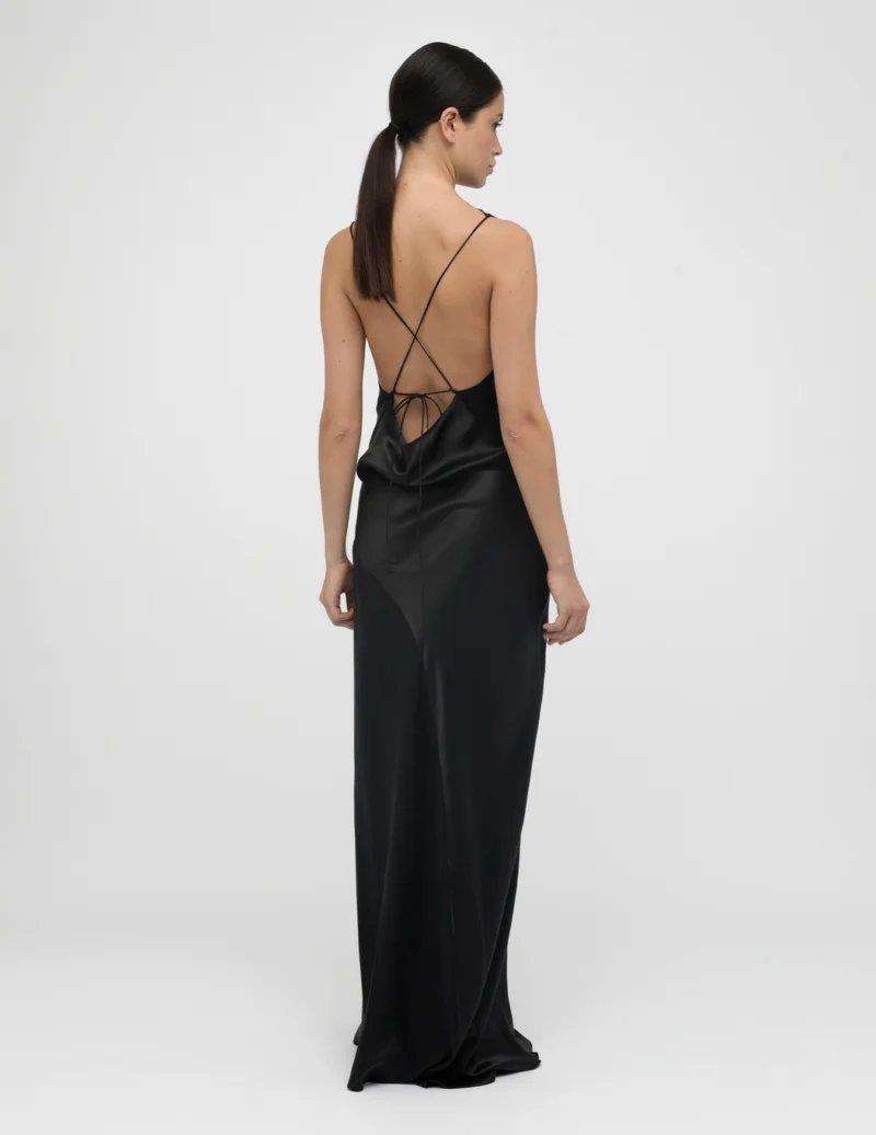 Halter Open-Back Silk Dress Black - A LINE